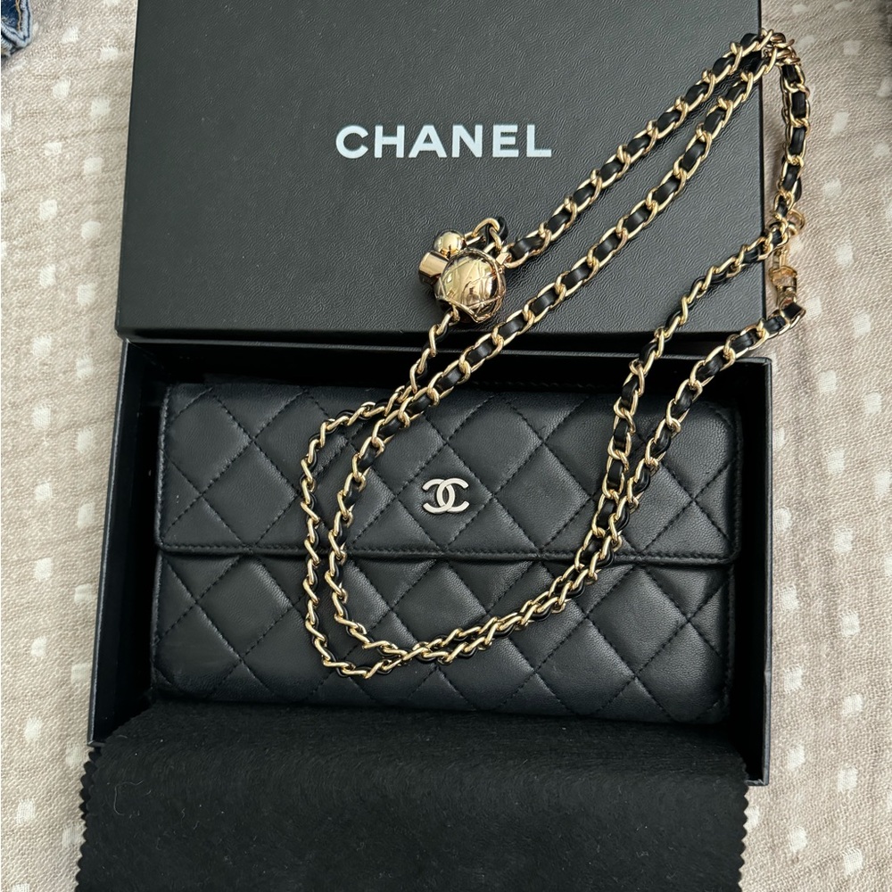 Chanel Black Lambskin Long French Flap Wallet